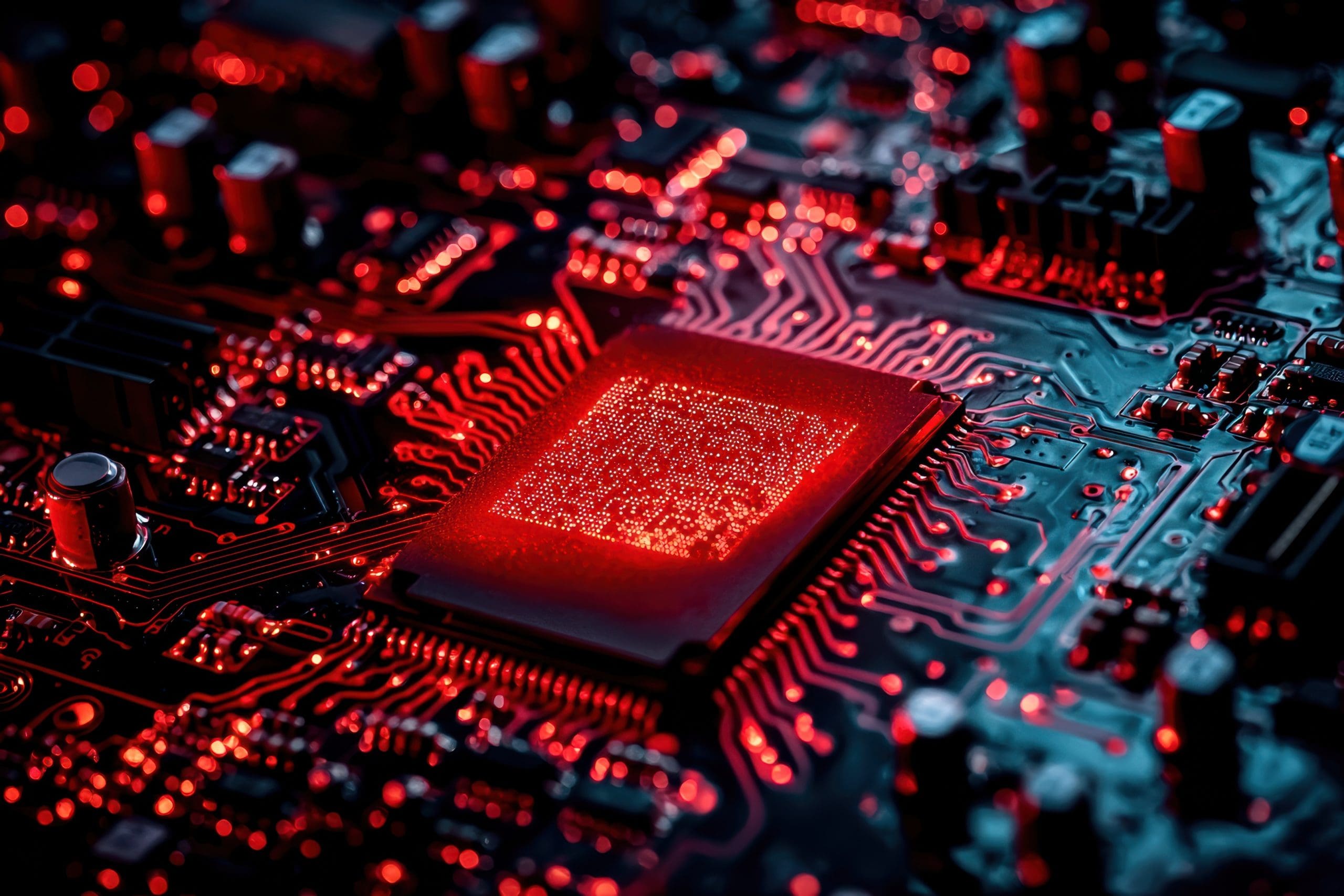 Close-up of a glowing red computer chip on a dark circuit board, highlighting intricate details and advanced technology. Managed IT Solutions