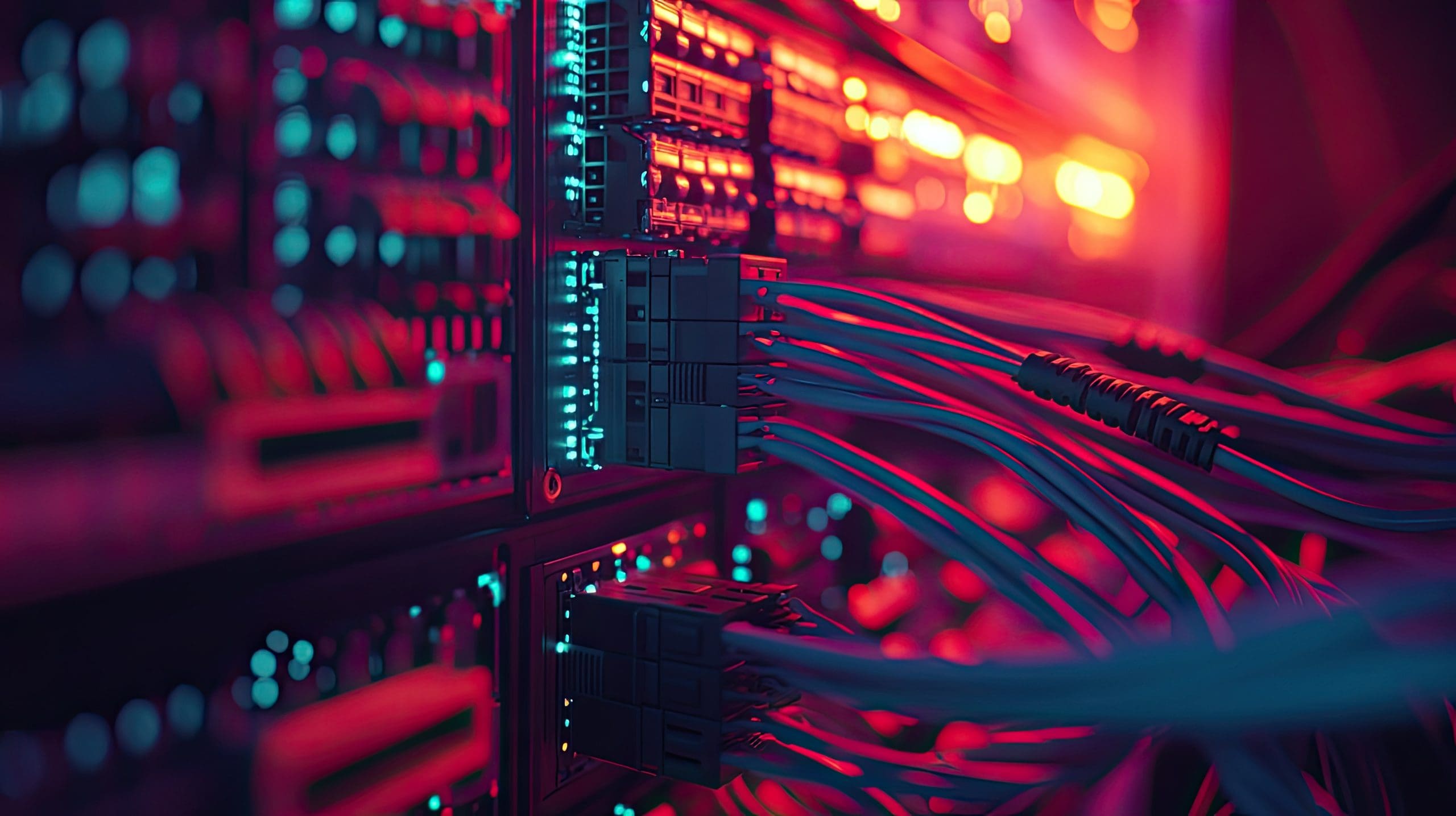 Twisted pair network cables with long fiber optic cables, neatly arranged on a server rack, glowing with data transmission lights. Hardware and Technology Nashville